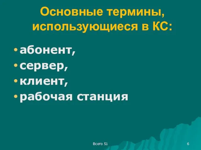 Основные термины, использующиеся в КС: абонент, сервер, клиент, рабочая станция Всего 51