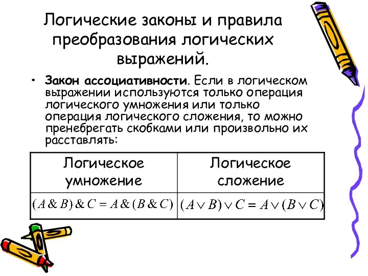 Логические законы и правила преобразования логических выражений. Закон ассоциативности. Если