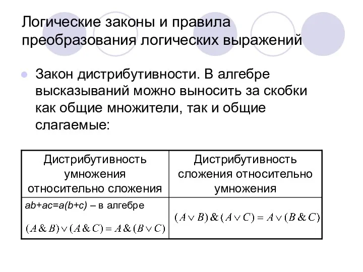 Логические законы и правила преобразования логических выражений Закон дистрибутивности. В