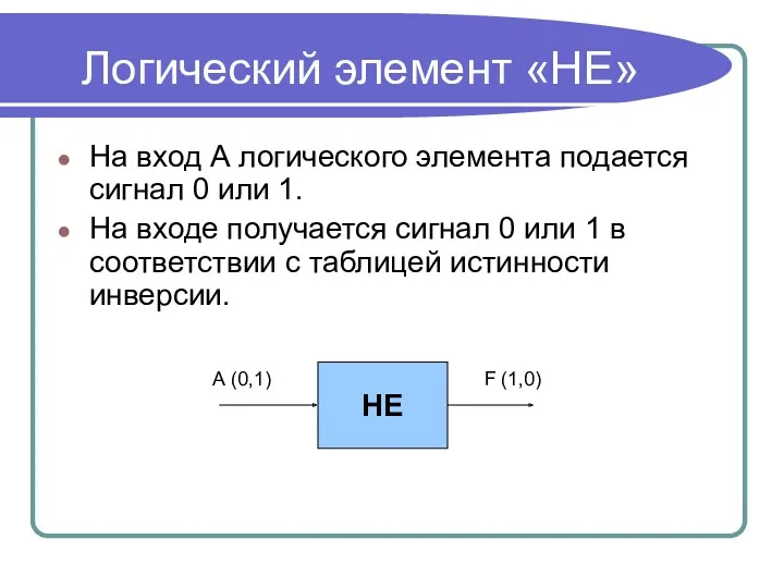 Логический элемент «НЕ» На вход А логического элемента подается сигнал