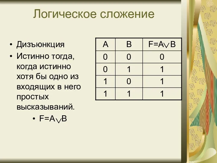 Логическое сложение Дизъюнкция Истинно тогда, когда истинно хотя бы одно