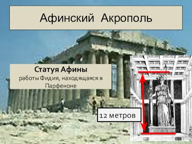 Афинский Акрополь 12 метров Статуя Афины работы Фидия, находящаяся в Парфеноне