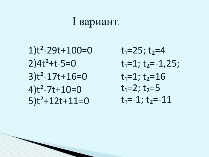 I вариант. 1)t²-29t+100=0 2)4t²+t-5=0 3)t²-17t+16=0 4)t²-7t+10=0 5)t²+12t+11=0 t₁=25; t₂=4 t₁=1; t₂=-1,25; t₁=1; t₂=16