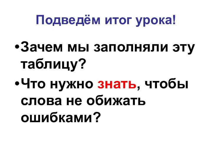 Подведём итог урока! Зачем мы заполняли эту таблицу? Что нужно знать, чтобы слова не обижать ошибками?