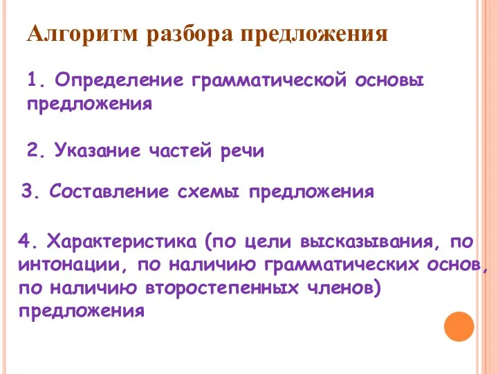 1. Определение грамматической основы предложения 2. Указание частей речи 3.