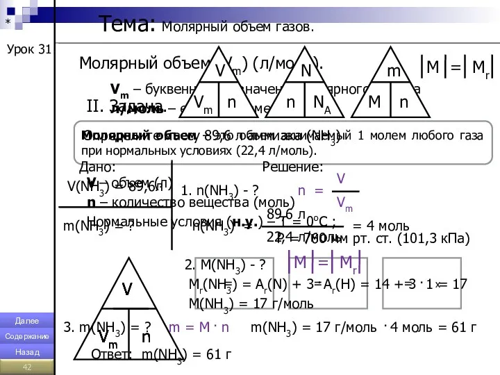 * Тема: Молярный объем газов. Урок 31 Молярный объем (Vm)