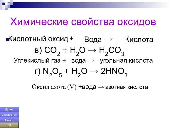 Химические свойства оксидов + → в) СO2 + H2O →