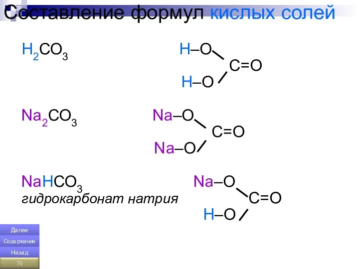 Составление формул кислых солей Н2СО3 Н–О С=О Н–О Na2СО3 Na–О