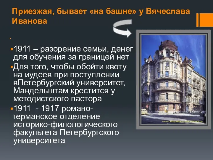 Приезжая, бывает «на башне» у Вячеслава Иванова 1911 – разорение