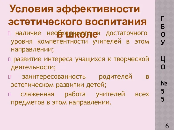 Условия эффективности эстетического воспитания в школе Г Б О У