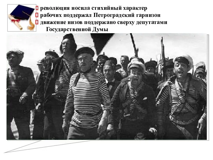 революция носила стихийный характер рабочих поддержал Петроградский гарнизон движение низов поддержано сверху депутатами Государственной Думы