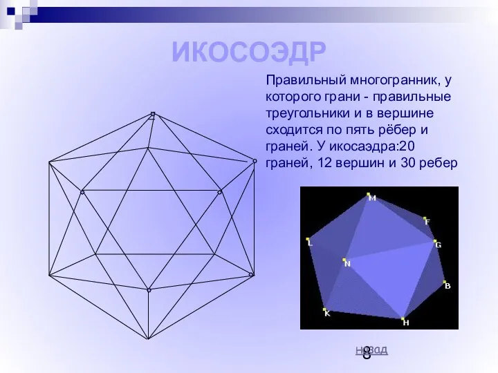 ИКОСОЭДР Правильный многогранник, у которого грани - правильные треугольники и