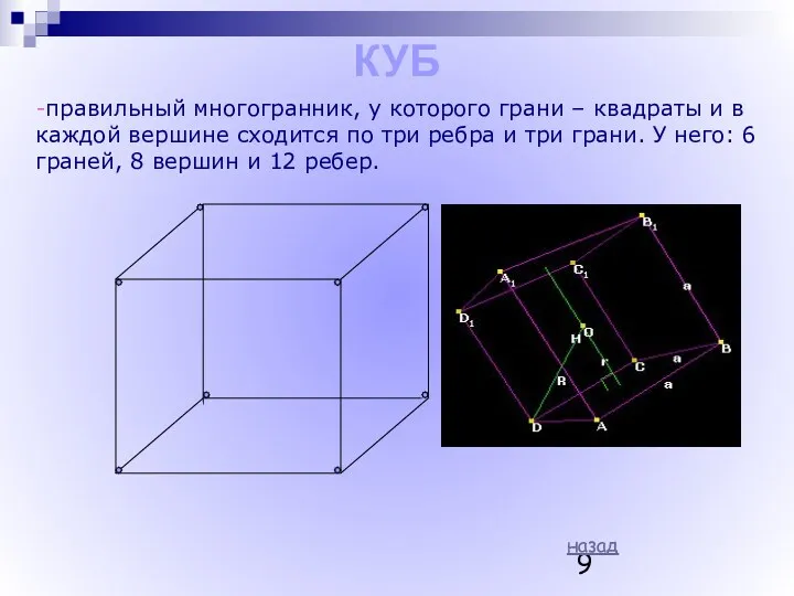 КУБ -правильный многогранник, у которого грани – квадраты и в