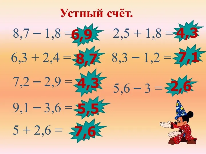 Устный счёт. 8,7 – 1,8 = 6,3 + 2,4 =