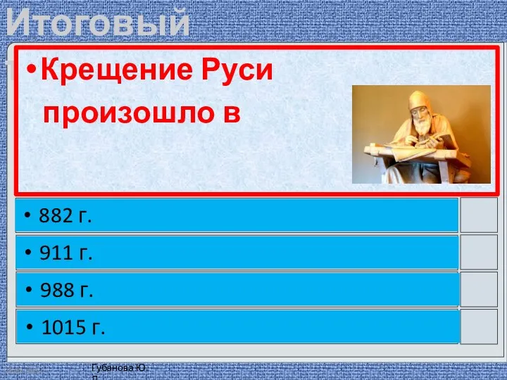 Крещение Руси произошло в 882 г. 911 г. 988 г. 1015 г.