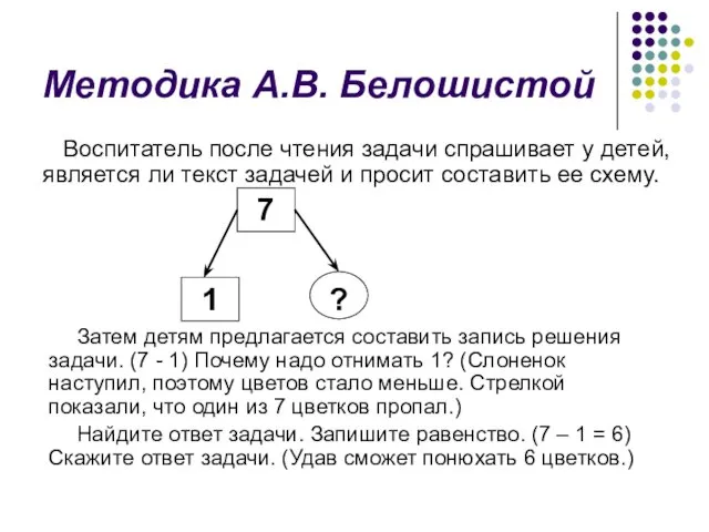 Методика А.В. Белошистой Воспитатель после чтения задачи спрашивает у детей,