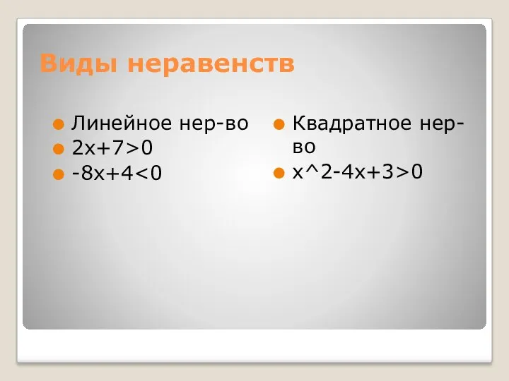 Виды неравенств Линейное нер-во 2х+7>0 -8х+4 Квадратное нер-во х^2-4х+3>0