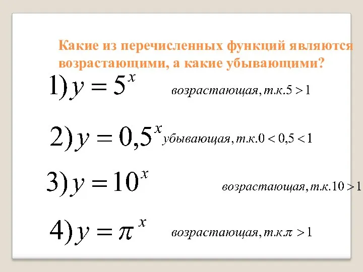 Какие из перечисленных функций являются возрастающими, а какие убывающими?