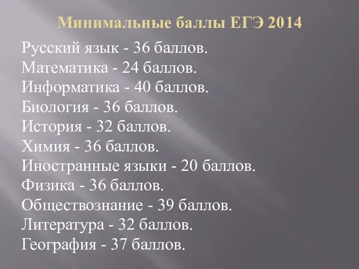 Минимальные баллы ЕГЭ 2014 Русский язык - 36 баллов. Математика - 24 баллов.
