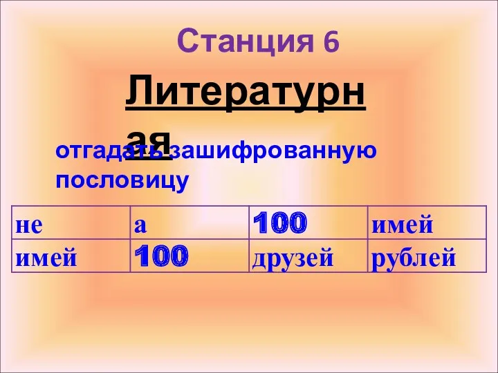 Станция 6 Литературная отгадать зашифрованную пословицу