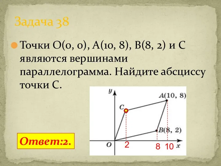Точки O(0, 0), A(10, 8), B(8, 2) и C являются