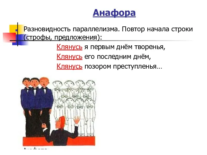 Анафора Разновидность параллелизма. Повтор начала строки (строфы, предложения): Клянусь я