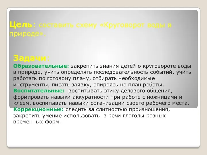 Задачи: Образовательные: закрепить знания детей о круговороте воды в природе, учить определять последовательность