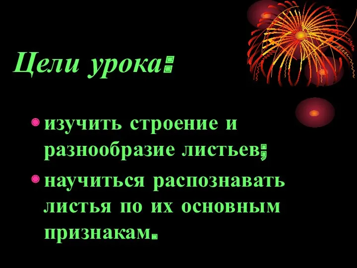 Цели урока: изучить строение и разнообразие листьев; научиться распознавать листья по их основным признакам.