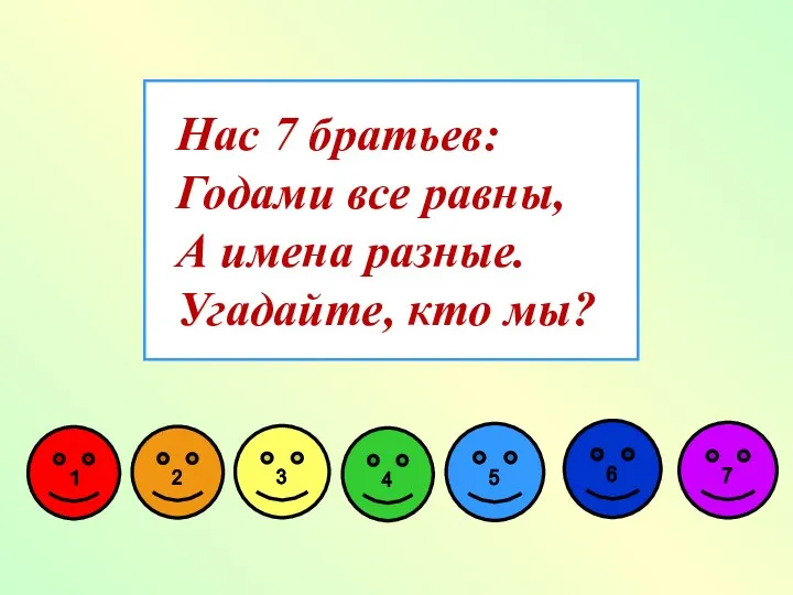 Нас 7 братьев: Годами все равны, А имена разные. Угадайте, кто мы?