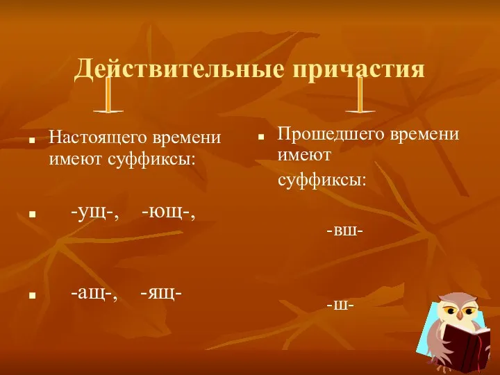 Действительные причастия Настоящего времени имеют суффиксы: -ущ-, -ющ-, -ащ-, -ящ- Прошедшего времени имеют суффиксы: -вш- -ш-