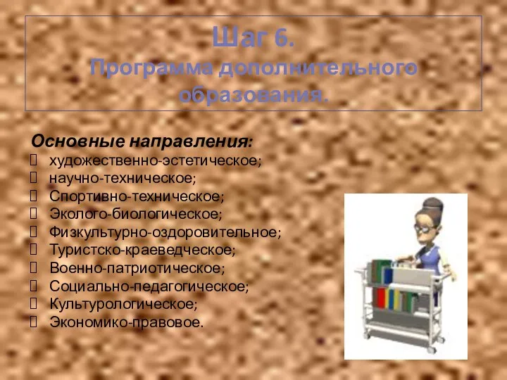 Шаг 6. Программа дополнительного образования. Основные направления: художественно-эстетическое; научно-техническое; Спортивно-техническое;