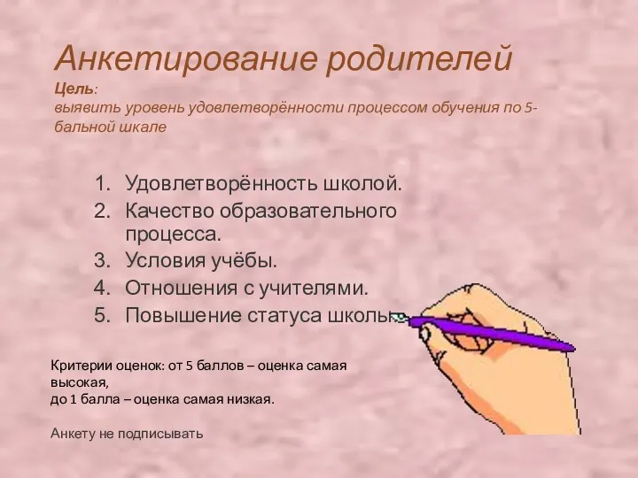 Анкетирование родителей Цель: выявить уровень удовлетворённости процессом обучения по 5-бальной