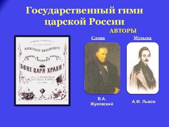 Государственный гимн царской России АВТОРЫ Слова Музыка В.А. Жуковский А.Ф. Львов