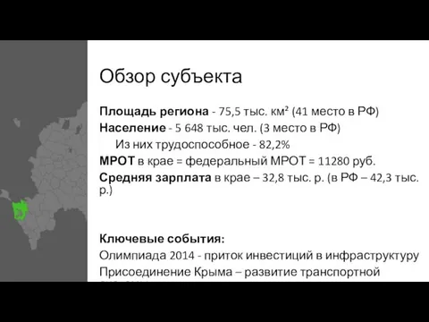 Обзор субъекта Площадь региона - 75,5 тыс. км² (41 место