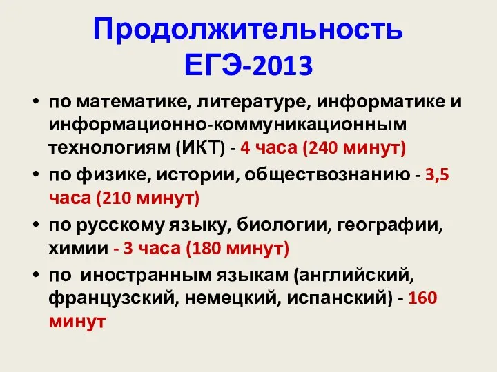 Продолжительность ЕГЭ-2013 по математике, литературе, информатике и информационно-коммуникационным технологиям (ИКТ) - 4 часа