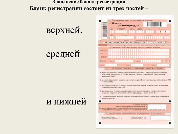 Заполнение бланка регистрации Бланк регистрации состоит из трех частей – верхней, средней и