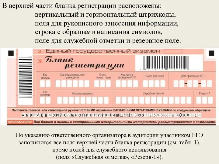 В верхней части бланка регистрации расположены: вертикальный и горизонтальный штрихкоды, поля для рукописного