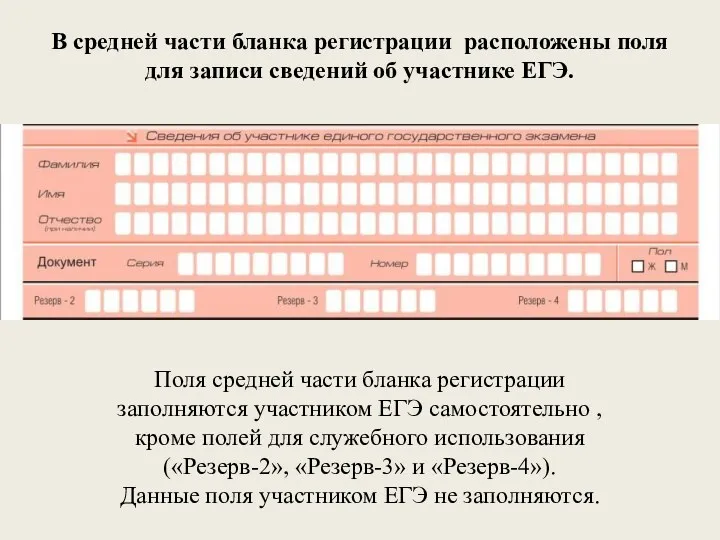 В средней части бланка регистрации расположены поля для записи сведений об участнике ЕГЭ.