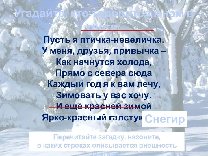 Угадайте, кто торопится к нам в гости: Пусть я птичка-невеличка.