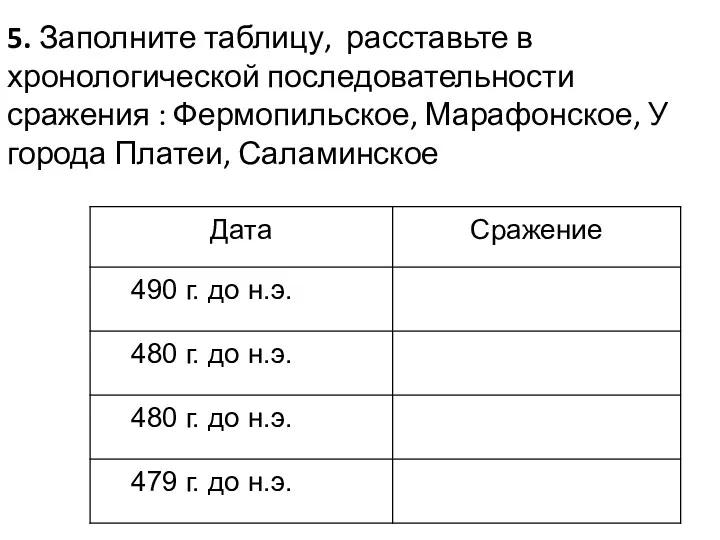 5. Заполните таблицу, расставьте в хронологической последовательности сражения : Фермопильское, Марафонское, У города Платеи, Саламинское