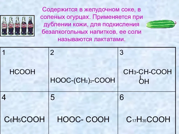 Содержится в желудочном соке, в соленых огурцах. Применяется при дублении