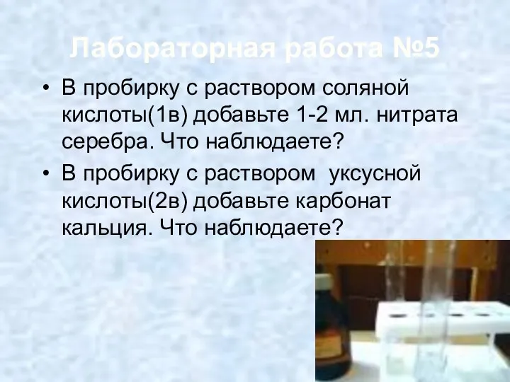 Лабораторная работа №5 В пробирку с раствором соляной кислоты(1в) добавьте