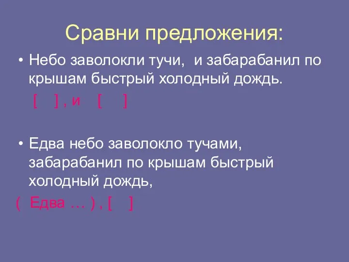 Сравни предложения: Небо заволокли тучи, и забарабанил по крышам быстрый