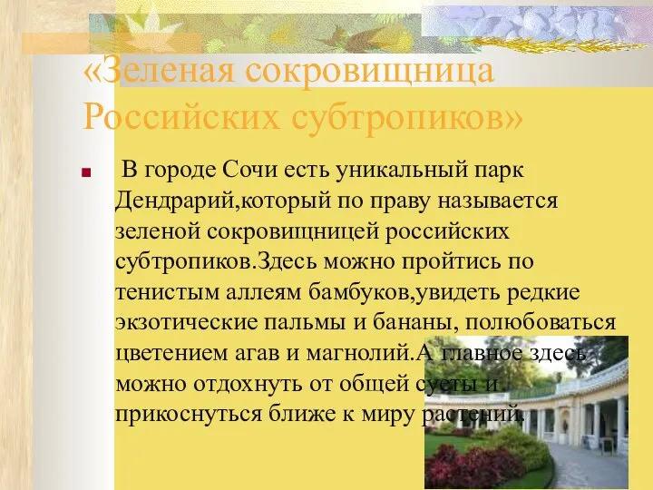 «Зеленая сокровищница Российских субтропиков» В городе Сочи есть уникальный парк Дендрарий,который по праву