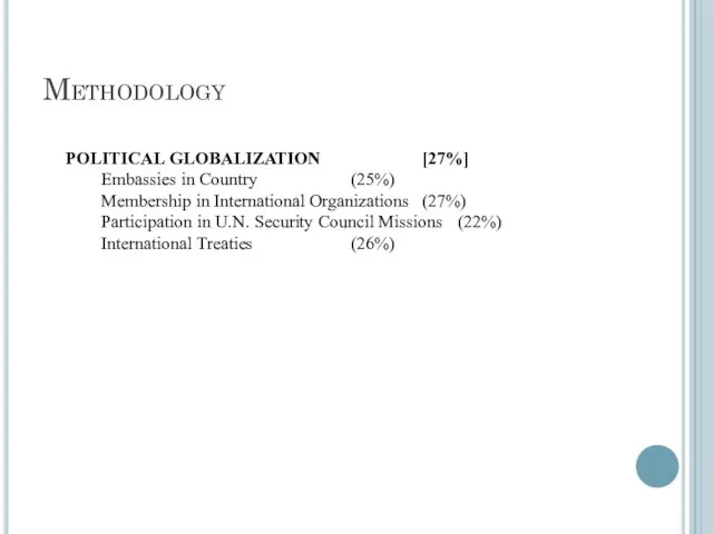 Methodology POLITICAL GLOBALIZATION [27%] Embassies in Country (25%) Membership in