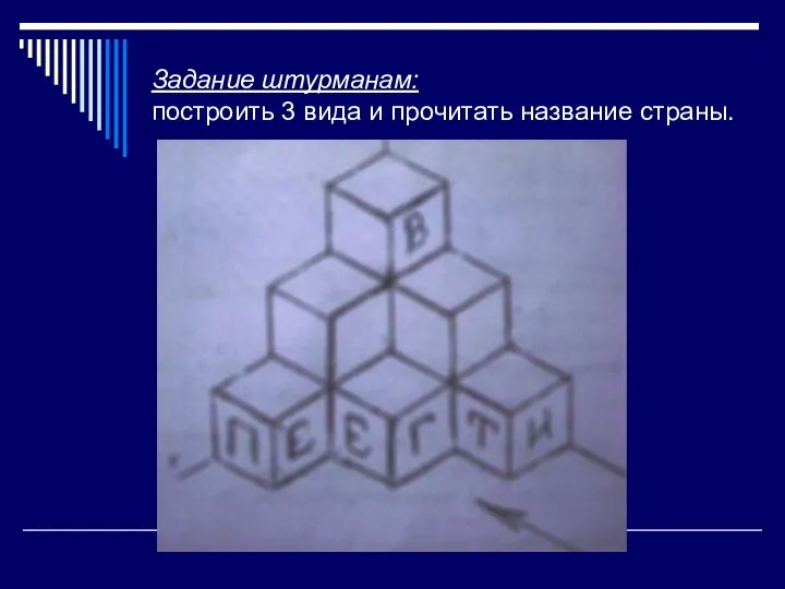 Задание штурманам: построить 3 вида и прочитать название страны.