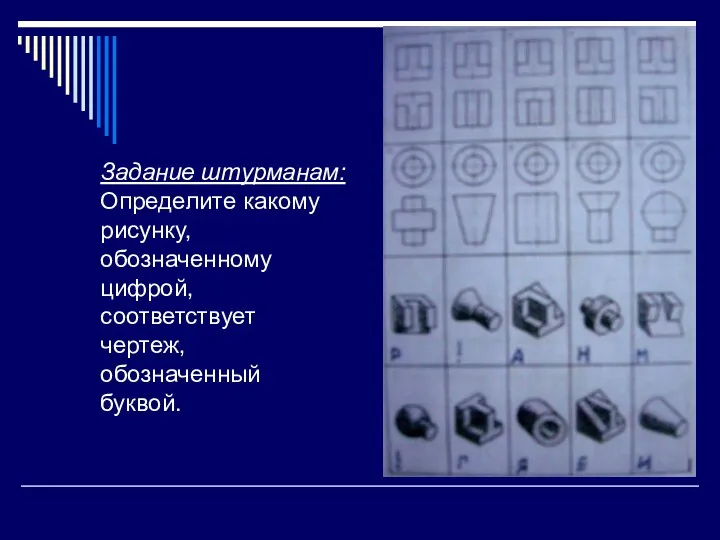 Задание штурманам: Определите какому рисунку, обозначенному цифрой, соответствует чертеж, обозначенный буквой.