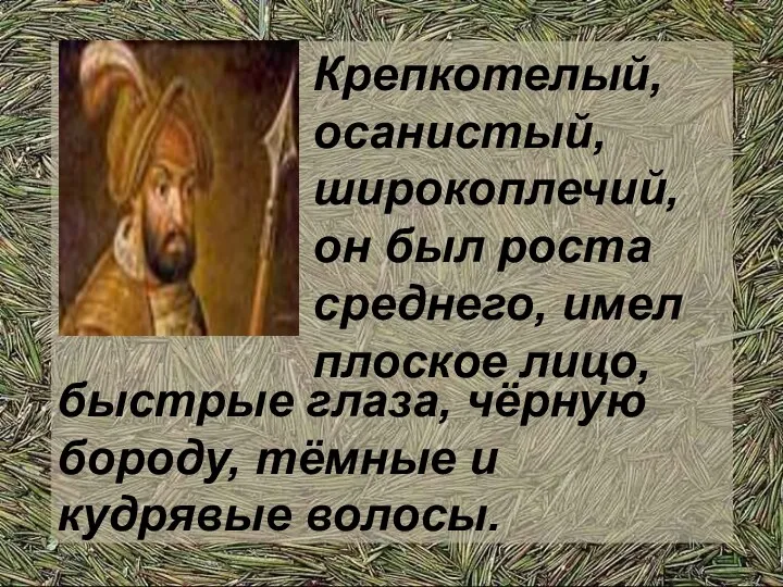 Крепкотелый, осанистый, широкоплечий, он был роста среднего, имел плоское лицо,