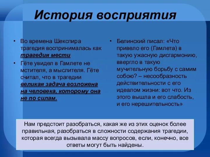 История восприятия Во времена Шекспира трагедия воспринималась как трагедия мести Гёте увидел в