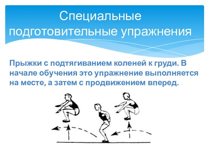 Специальные подготовительные упражнения Прыжки с подтягиванием коленей к груди. В